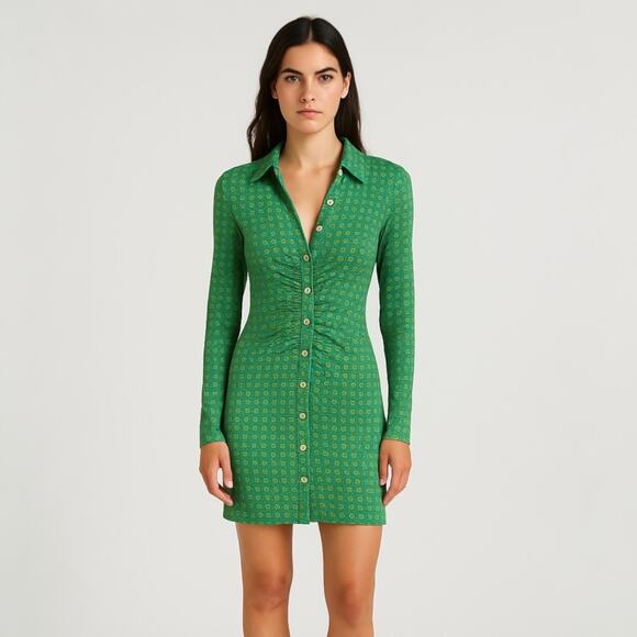 Free People Shayla Green Long Sleeve Printed Button Down Ruched Mini Dress S - Picture 1 of 6